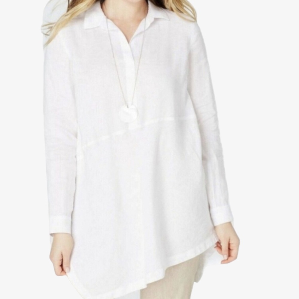 New with Tags J Jill White Linen Assymetrical Minimalist Long Sleeve Top Size MP
